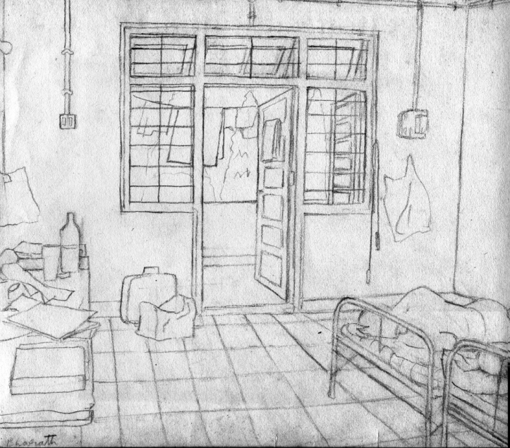 Hostel room. 1996. MA Hall Room no. 58. First year BFA, Faculty of Fine Arts, Baroda. 