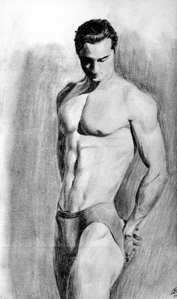 Student exercise- copying a photograph (this was an underwear ad!).  Faculty of Fine Arts, MSU, Baroda. 1996. 