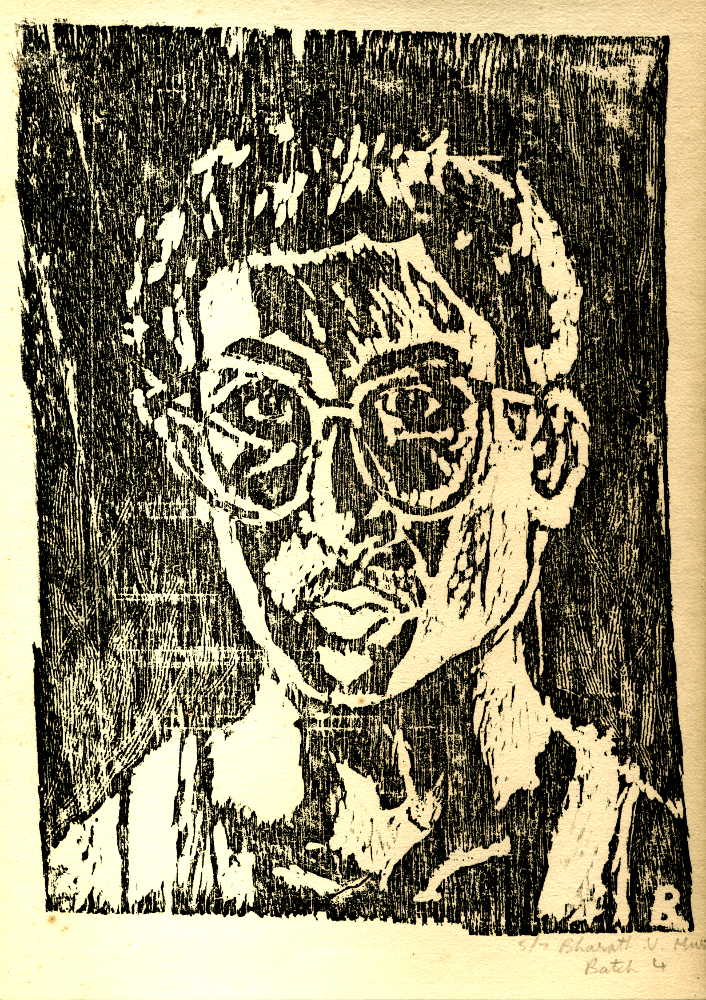 Self-portrait. Wood-cut. 1996. Age 18. First year BFA, Faculty of Fine Arts, Baroda. 